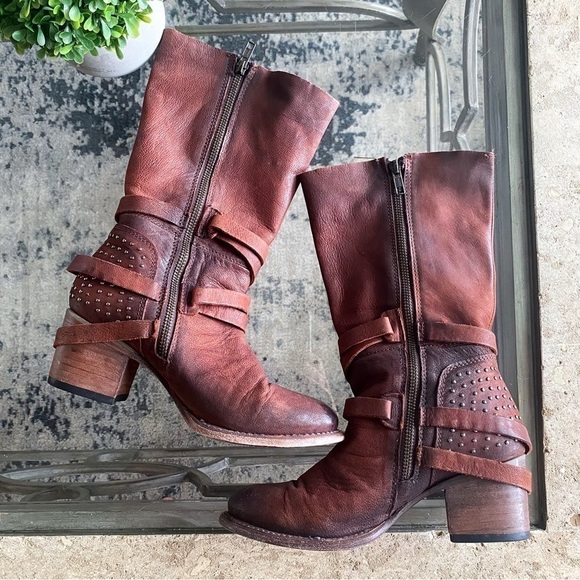 Freebird Boot Coy Buckle Strap Heeled Leather Slouchy Studded Rust 7 GUC - Picture 5 of 10